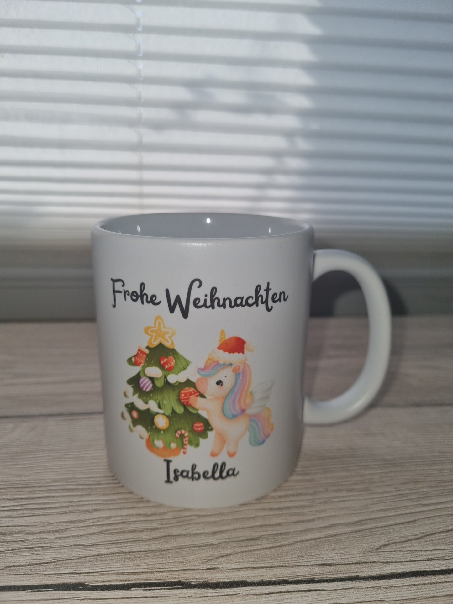 Weihnachtstasse Einhorn beidseitig bedruckt personalisierbar