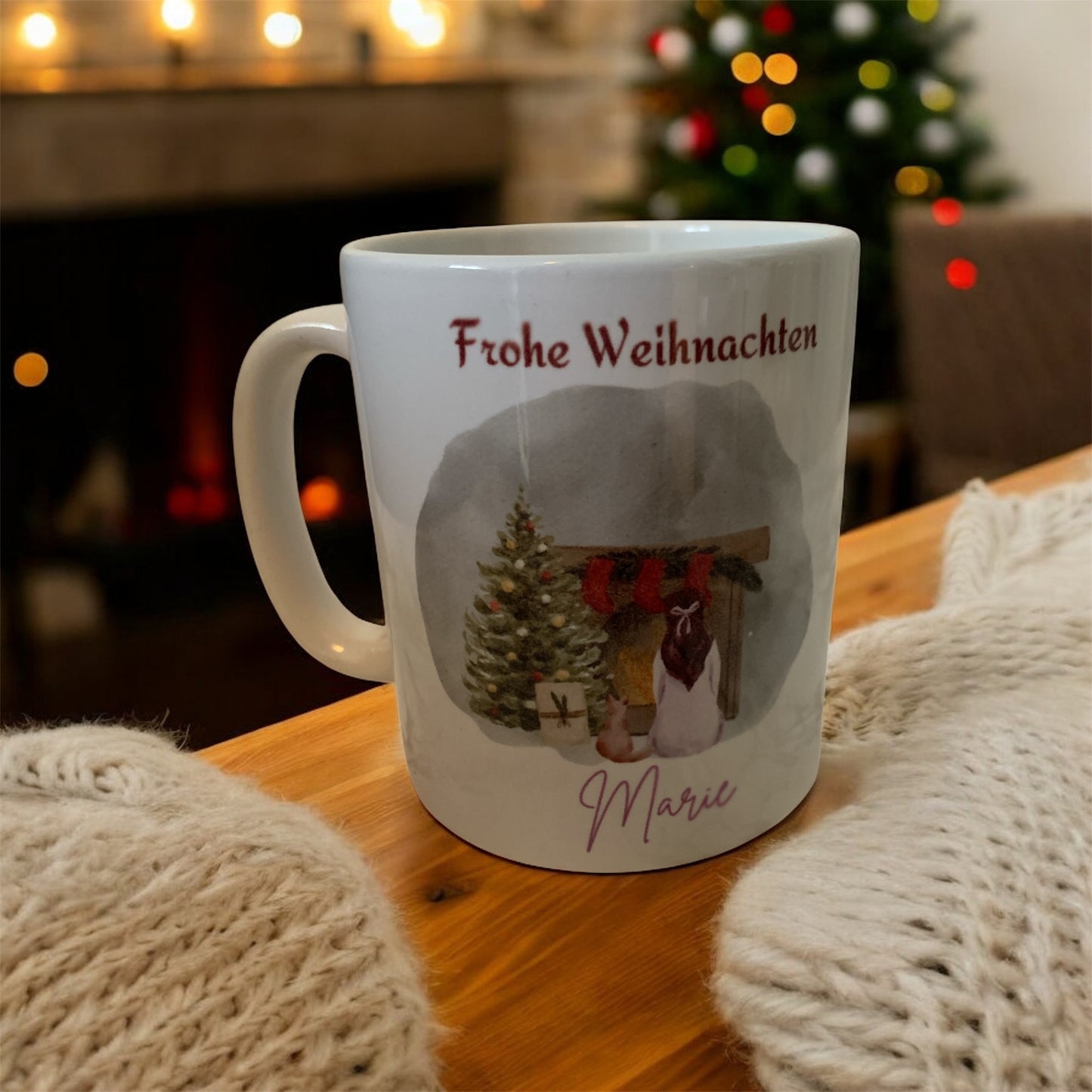 Weihnachtstasse Mädchen mit Katze personalisiert mit Namen beidseitig bedruckt