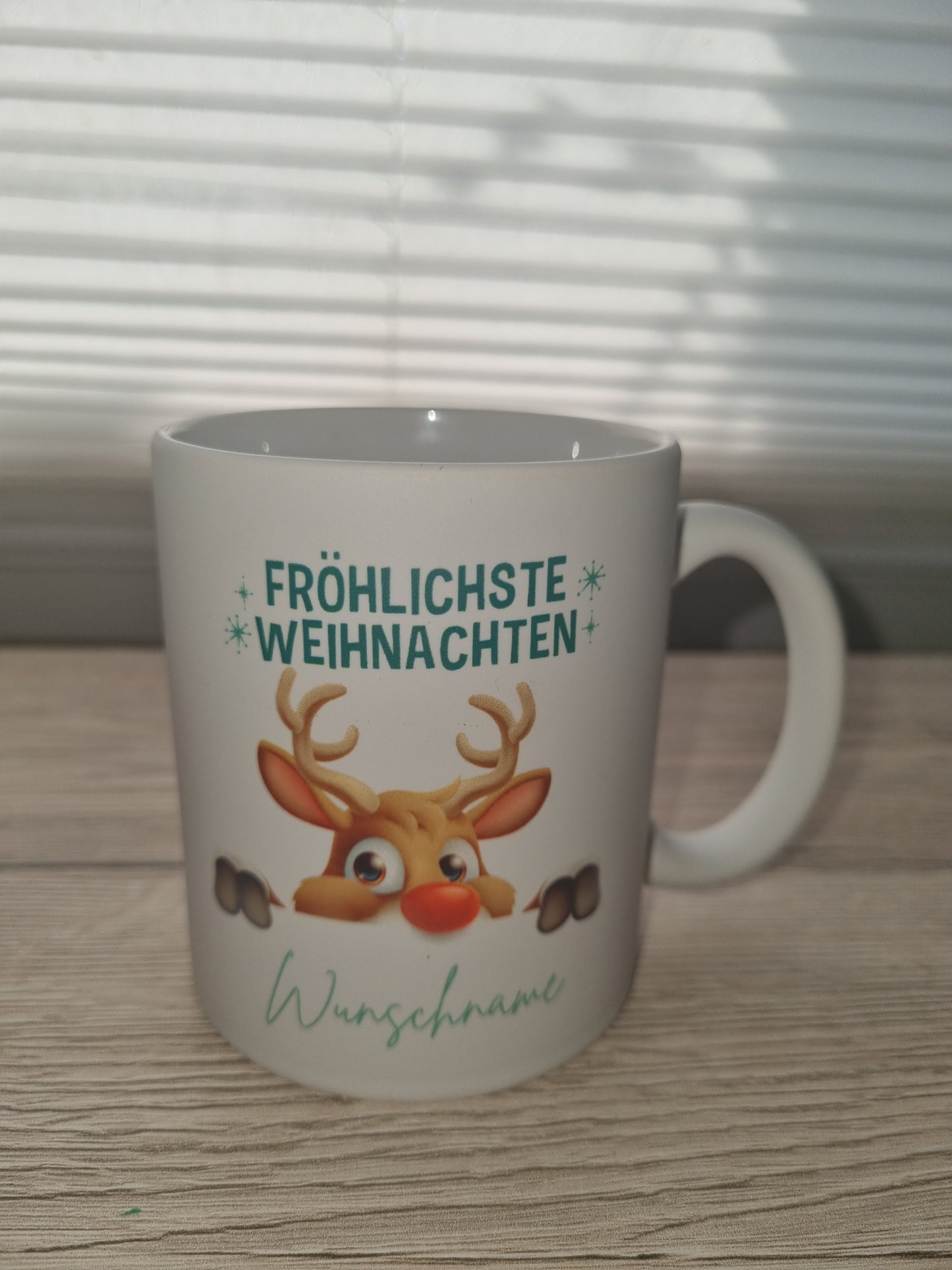 Weihnachtstasse Rentier Fröhlichste Weihnachten beidseitig bedruckt personalisierbar