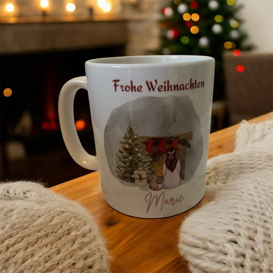 Weihnachtstasse Mädchen mit Katze personalisiert mit Namen beidseitig bedruckt