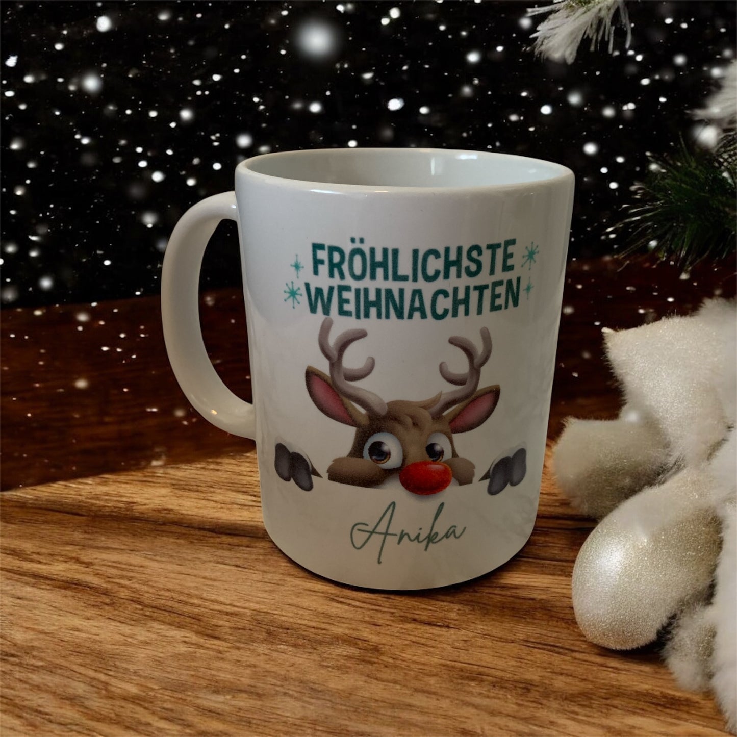 Weihnachtstasse Rentier Fröhlichste Weihnachten beidseitig bedruckt personalisierbar