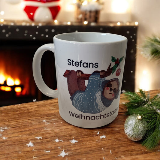 Weihnachtstasse Faultier personalisiert mit Namen beidseitig bedruckt