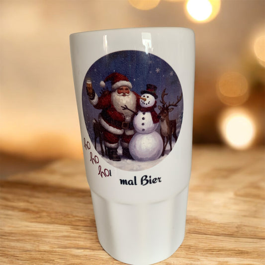 Bierkrug Weihnachtsmann Schneemann ho ho hol mal Bier Keramik 500 ml personalisierbar